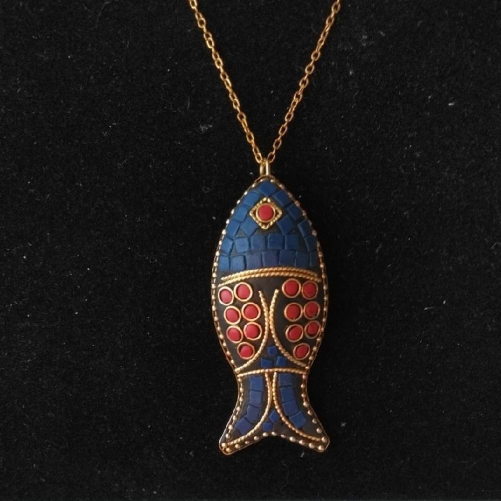 Napalese Gold-Tone Blue and Red Fish Pendant Necklace